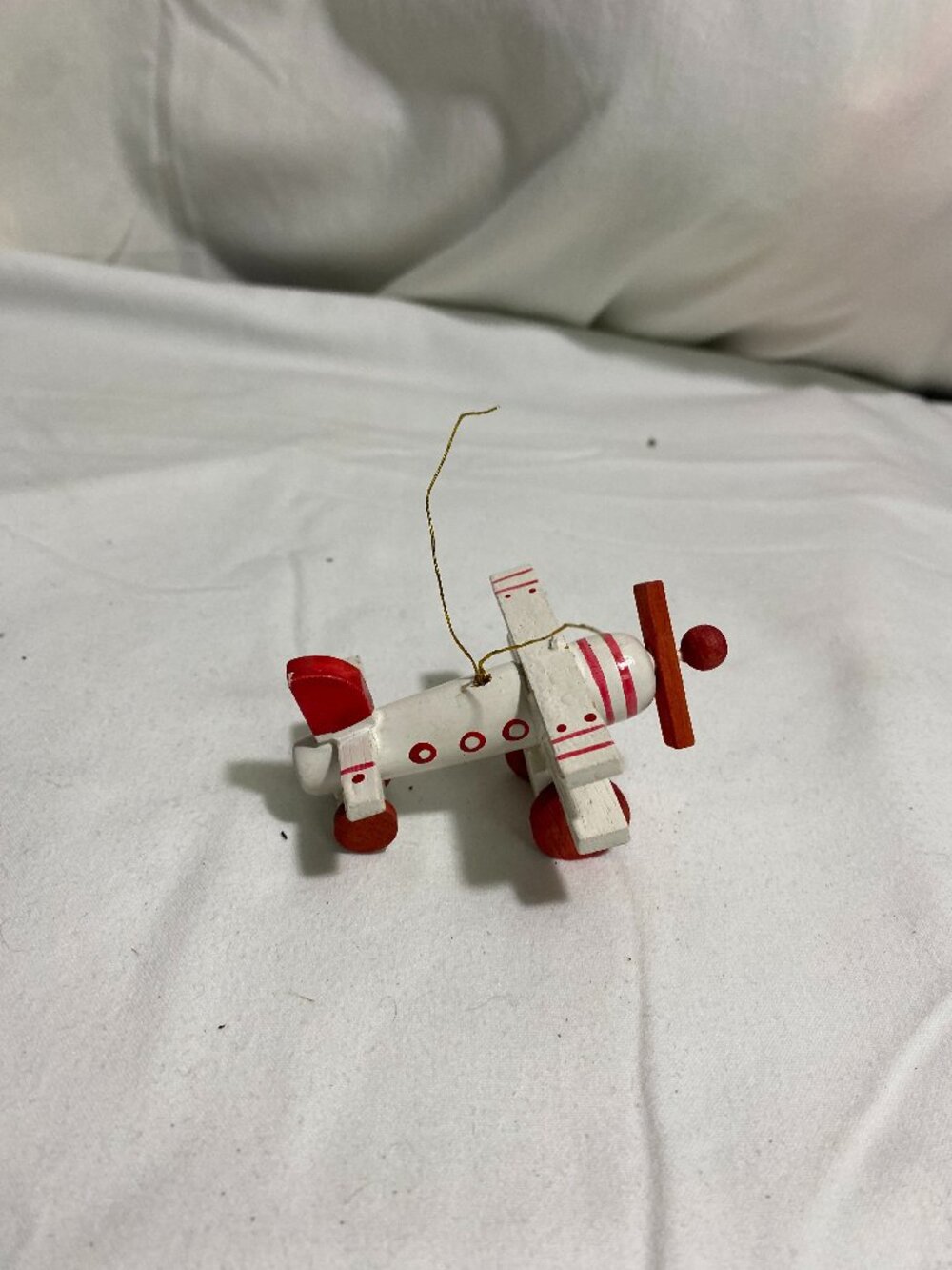 Vintage Wooden Airplane Ornament Red White Mini Biplane Hanging Decor